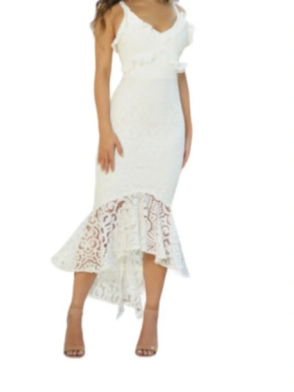 Women's White Lace Ruffle Midi Dress - Elegant Spaghetti-Strap Design Size L